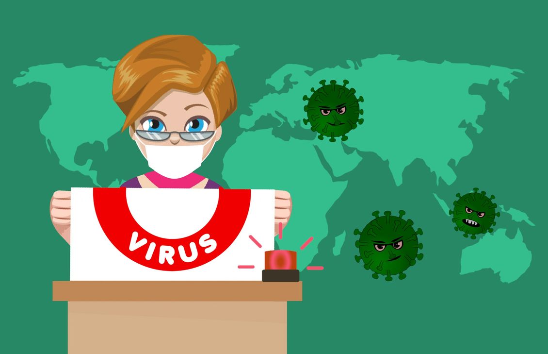 Zeichnung einer Frau an einem Rednerpult mit einem Plakat mit der Aufschrift "Virus"